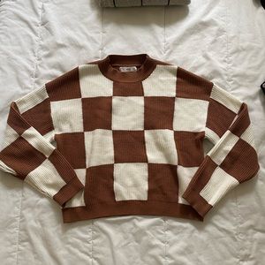 Mango NWOT checker sweater brown white